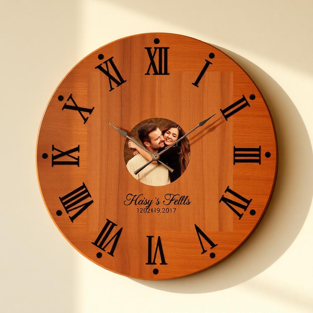 Engraved Wooden Photo Clock with couple photo and roman numerals